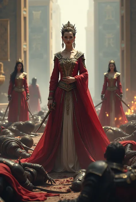 very detailed, Hight resolution, realistic, A very beautiful woman queen, Ninja s were scattered everywhere covered in blood, 2 female guarding the queen, a very large royal palace, 2 female guards stood firmly on the right and left side of the queen, 2 fe...