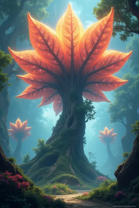 vivid and colourful tree large star-shaped leaf plant, fantasy plant, fantasy leaf, magic tree leafs, in the forest