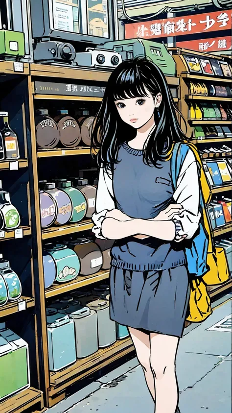 In Front of a convenience store at night、Stylish coffee shop、 girl、whole body、Front、Blue knit、 black hair 、 long hair、