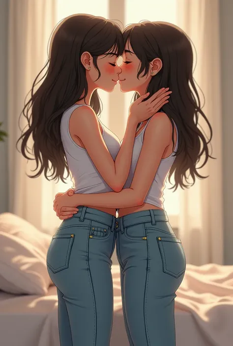 Two cute girls kissing each other while showing in jeans 