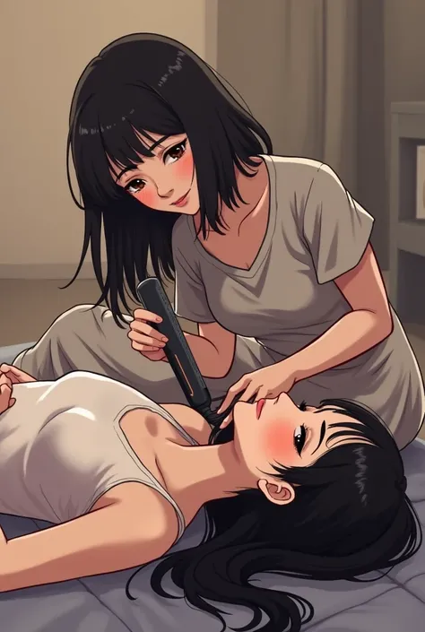 Girl who is on her back with straight hair, Long and black that another girl is ironing her hair with straightening products 