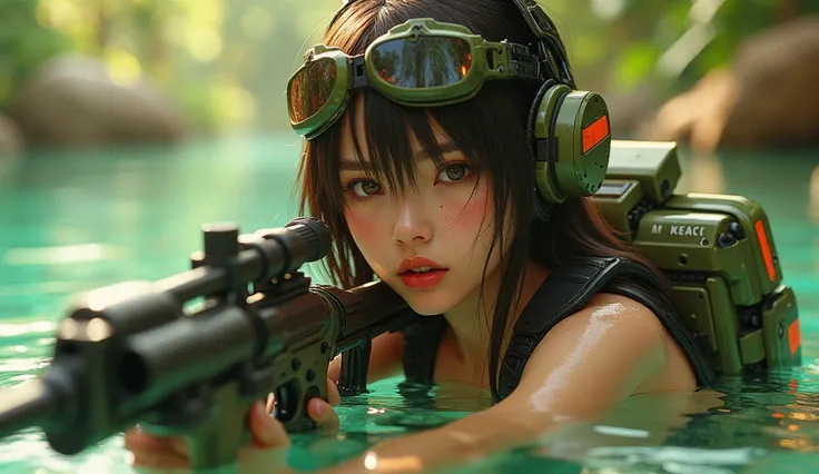 Realistic, Cinematic photo, create the character in an imaginative, surreal environment that feel artistic and out-of-the-box. Beautiful mechanized wing valkyrie girl, woman in a dark yellow green brown uniform holding a gun, mechanical bikini, tattered mi...