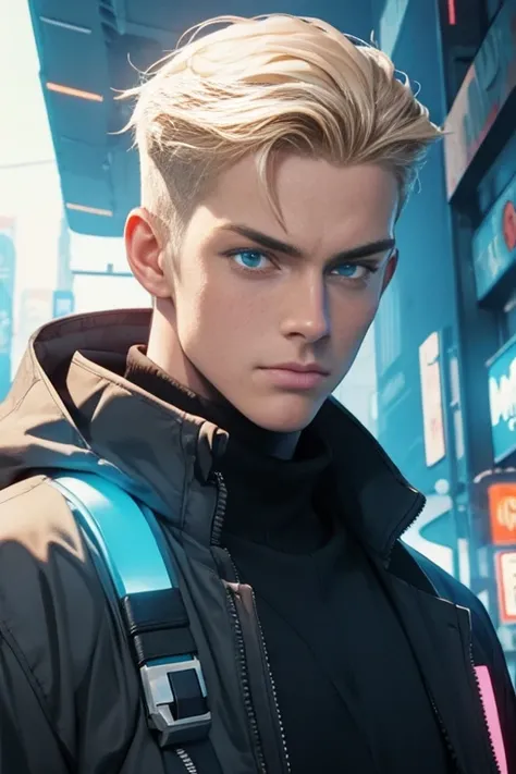 Boy,  blue eyes , blond, masterpiece,  high quality ,  Perfect anatomy ,  perfect face, 4K,  high quality ,  detailed ,  epic style , modernity,  faction leader , senator ,  Cyberpunk, Neon,  stands full length , аниме  Cyberpunk