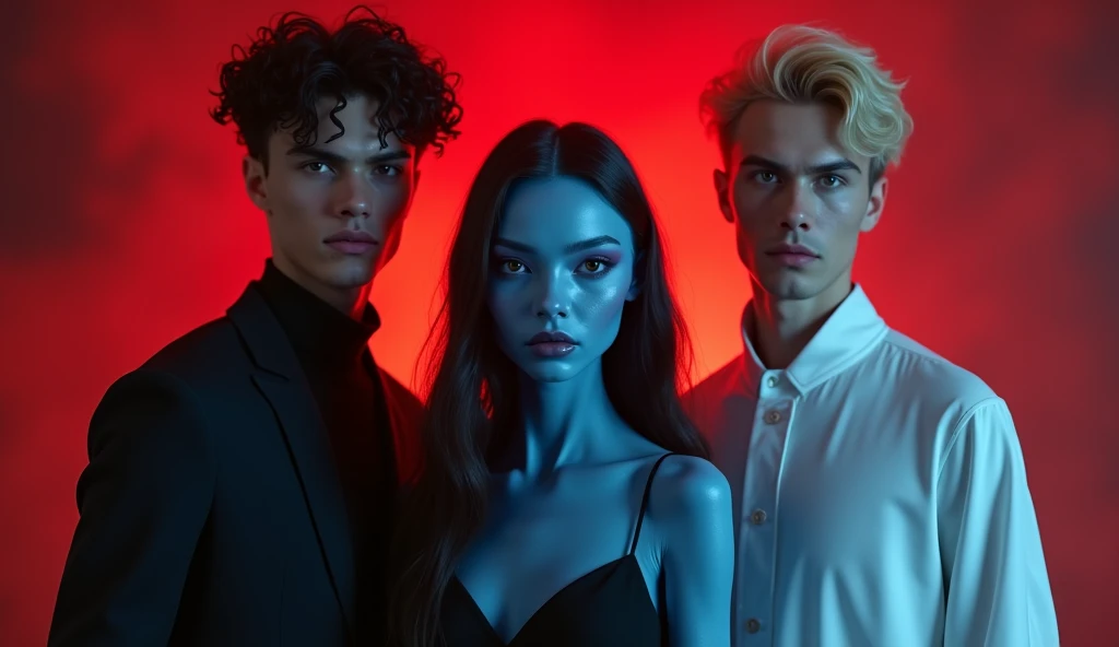 a young handsome man with black curl hair in black dress and a young handsome man with blonde hair in white dress and a blue sexy alien girl with long hair between them. dark red atmosphere. 