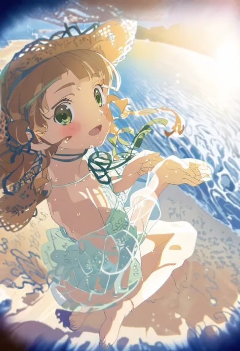 1 Girl， brown slanted ponytail around me ， green eyes ， bikini，lace，Fresh style， white transparent flowing small short trench coat，Bow， sunshine， atmosphere under the stars，Light Particles，Hand-held hat，Smile， blush，sweat，Beach，Waves，bush，straw hat，Barefoo...