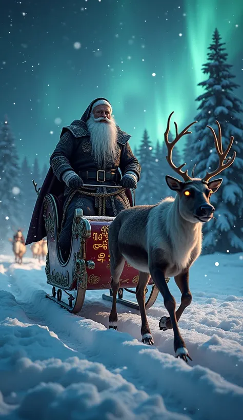 Imagine a mystical, dark winter night where the sky is filled with swirling snowflakes and the aurora borealis shimmers above. In the distance, a muscular Santa Claus, with a highly detailed and ultra-realistic appearance, is seen atop his majestic sleigh,...