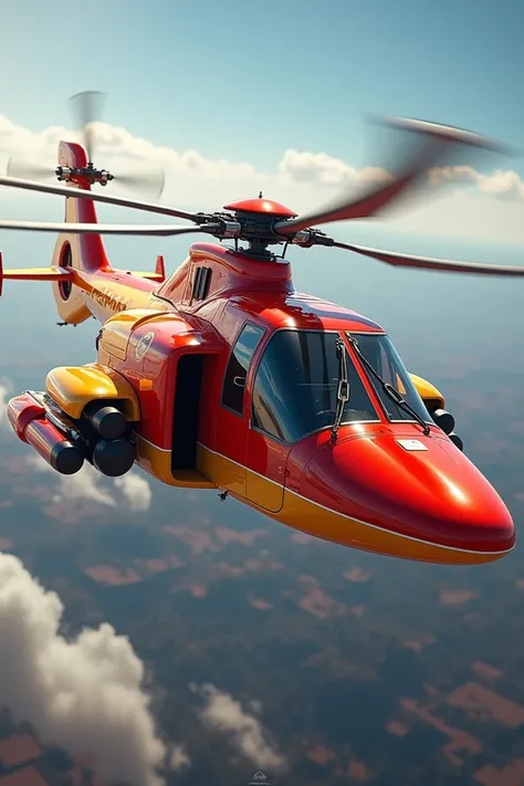 A red and yellow helicopter in the air