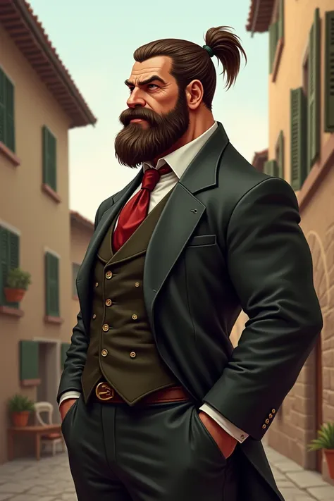  Realistic cartoon character ,  tall man short ponytail and sturdy and antique Italian suit, scar on the arm and beard  