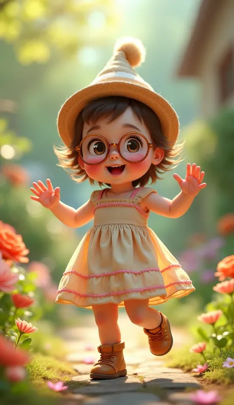 A small baby dancing in a dress in a garden , She is wearing a hat and glasses of course .4k image