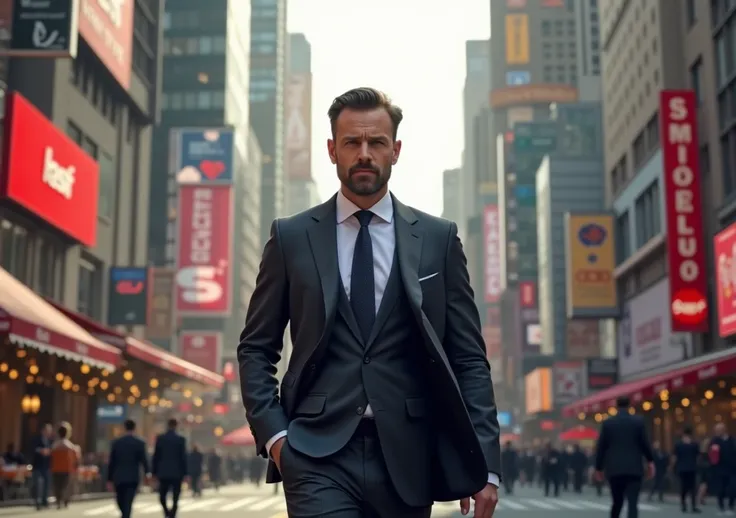 A 35-year-old man in a suit with short brown hair and a short beard walking on the streets of a city realistic image