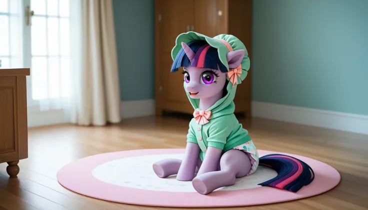 pony unicorn alone ,  Twilight Sparkle, filly , the mane is assembled in a green bonnet ,  dark blue tail with a purple strand and a pink strand,  purple eyes, sits in the room on a soft play mat, dressed in a green onesie,  green pacifier in her mouth , s...