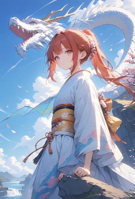 Masterpiece, high quality, high resolution, 16K, highly detailed background, digital painting, unreal engine, Makoto Shinkai illustration, hyperrealistic, fantasy, petite girl in kimono, long eyelashes, fair skin, full body, red ponytail, white Kimono, dra...