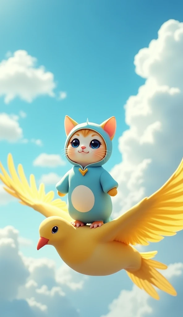 20 of the screen% on the full screen ,  a baby cat standing on a very large yellow pigeon flying in the sky,  a baby cat wearing a bright light blue and white costume ,  a baby cat wearing a costume from head to foot ,  cute baby cat standing on 2 back leg...