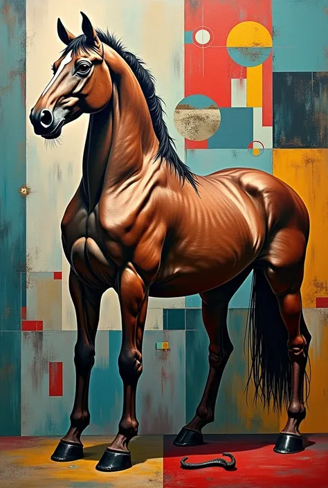 create a Picasso  ,of UN Caballo hyperrealistic style mixed with different colors in El Fondo Cubism style