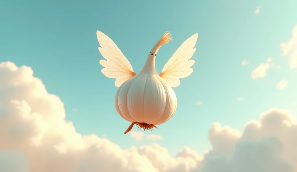 A clove of garlic with wings flying through the sky. 