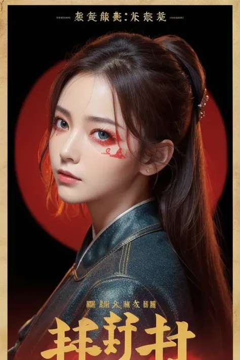 ( top quality,  movie poster style ),  beautiful woman (One eye is red:1.2),(How to write Chinese characters with meaning:1.1),  elements.