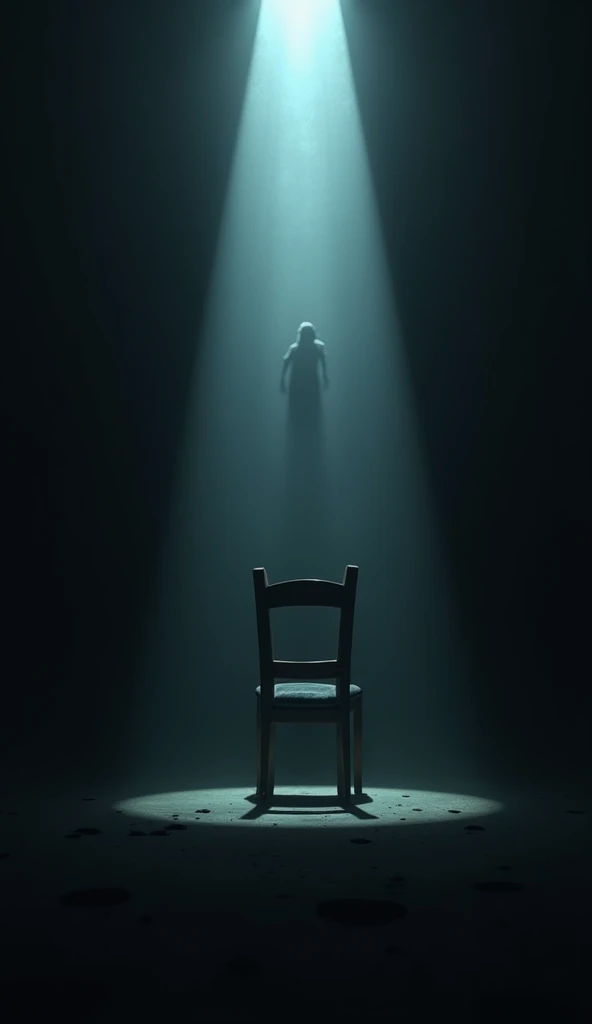 A completely dark room with a single beam of light illuminating an empty chair and an ominous presence behind it