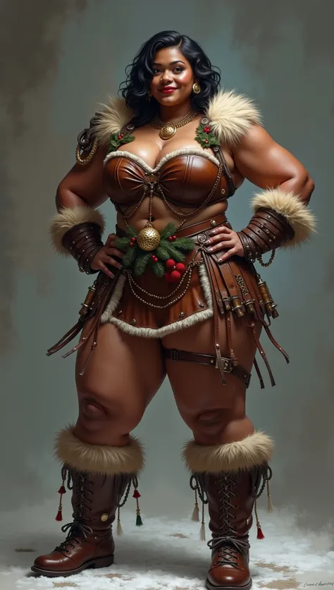 photorealistic full body photo of (plus size:1.2) Barbarian dwarven girl, black girl,(art by Russ Mills:1.2),(), (elegant pose:1.5),(hands on hips:1.5),(little smiling:1.2) ,(realistic tanned skin:1.5),high quality,(muscular body:1.5),(tattoo:1.5),(Decolle...