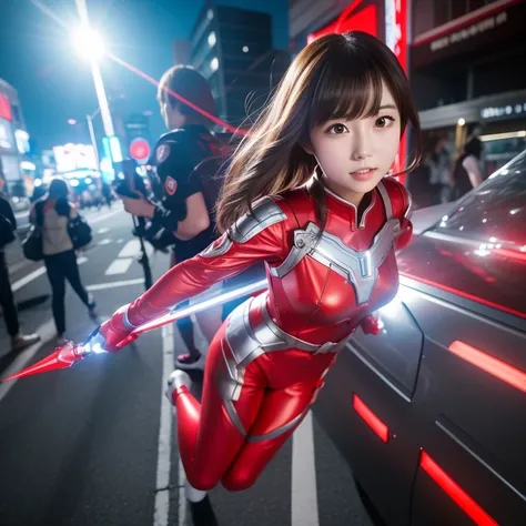  1 Japanese girl 、 Ultraman、Red costume、 red or silver  、Bust Emphasis、  strap all blouse  、Full body、 flying through the sky、 is receiving light bullets by crossing their arms、Fighting while protecting the fairy cub 、 girlfriend being drafted 、Idol、Boneta...