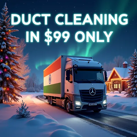 A professional duct cleaning truck with an Indian flag on its side, parked near a snowy road on a beautiful winter Christmas night. The truck has a sleek and modern design without visible duct pipes, blending seamlessly with the festive atmosphere. Nearby,...