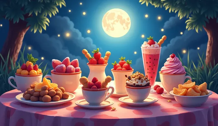 : A table filled with small cups and bowls, each containing a variety of delicious sweets, fruits, and snacks, all glowing under the moonlight. Cartoon