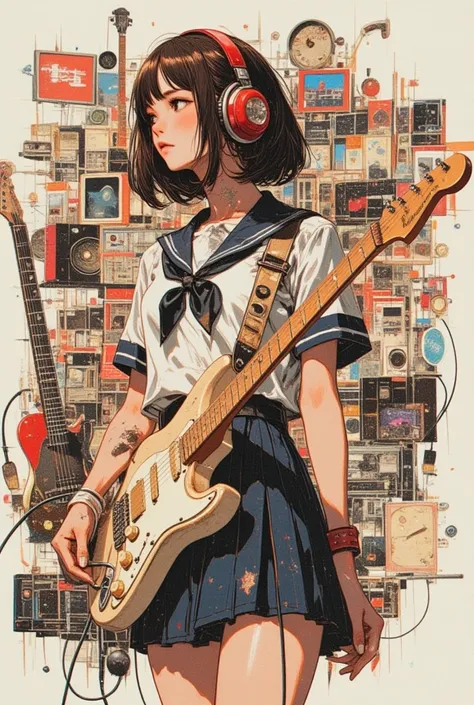 Breathtaking beauty,  Thrilling Works ,  MUSIC GIRL AND ELECTRIC GUITAR , Anatomically correct fingers, Brown Hair,  bob cut hair, punk girl, Women"listen to me"surreal collage , a contemporary artistic collage, collage artwork, Entry Mind Map, Outputs  Pr...