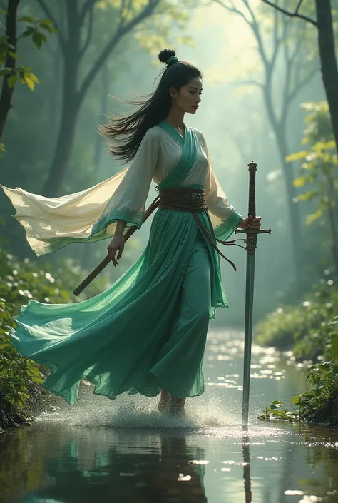  A friendly Indonesian female swordsman looks beautiful with thin medium length black hair with ninja troops in a beautiful rural nature that is waterlogged wearing kebaya cloth and carrying a sword.and the shawl is dancing with the energy moves of the win...