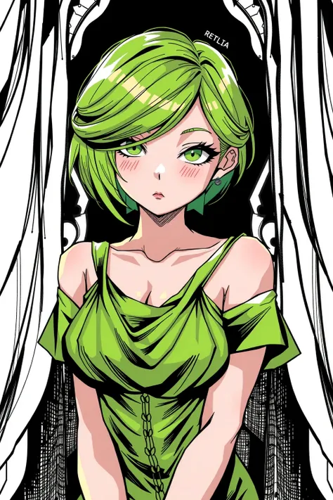 (highest quality, sketch:1.2), High resolution:0.75, Illustrator,anime, 1 girl, detailed lips, green dress,custom, (Dark monochrome background),neon hair,Texture Cropping, masterpiece, style, Retro Classic, Dark Black, Art Station, sketch book, short hair ...