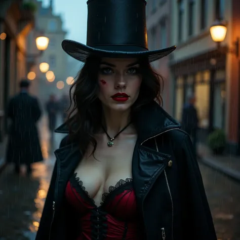 photo realistic young zatana dc comics, (nipple slip), (ruined bold red lipstick), ana de armas, magician hat,  1800s dangerous dirty street in england, dark midnight, heavy rain, battle with a few people in silhoutte stalk behind, 