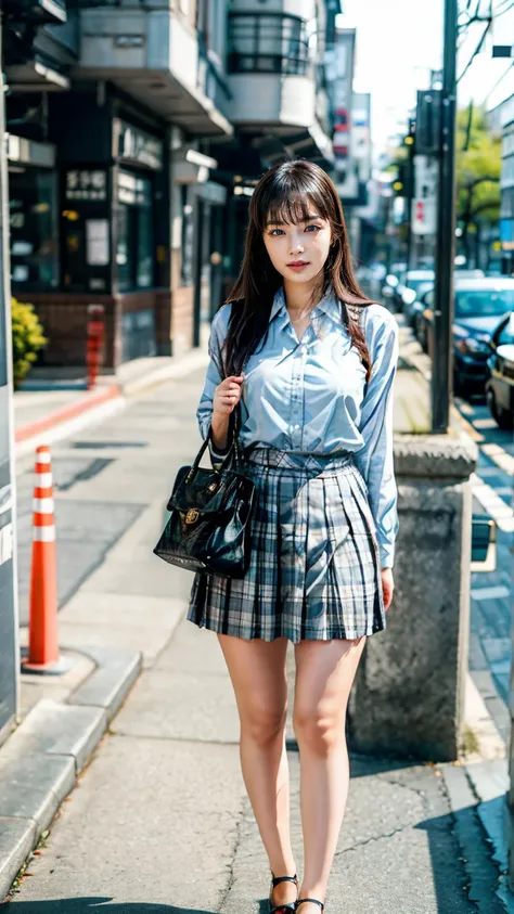 a beautiful 18 year old Japanese high school girl with perfect anatomy, healthy thighs, beautiful legs, beautiful skin, random hair color and style, large breasts, (wearing a Japanese schoolgirl uniform:1.3), (she is standing:1.2), penny loafers, holding a...