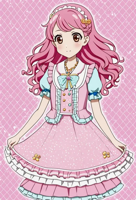 Create a aikatsu  premium rare coord for the fictional brand Cherubic Lullaby the themes are baby pink comfy clothes while still being frilly cutesy and girly research aikatsu before making the image aikatsu anime style 