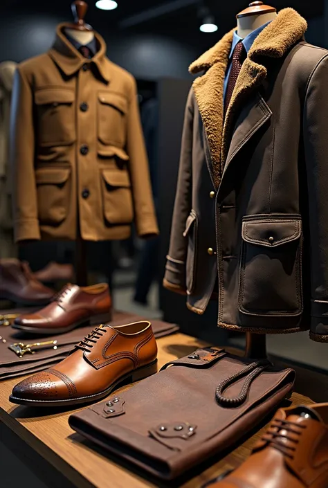 Leather products and winter men jackets well decorated and displayed in a showroom