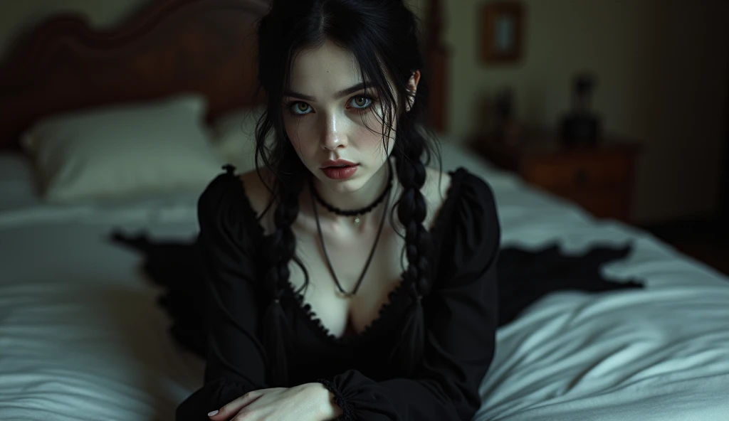 A young adult with a gothic appearance and a dark aura, reflecting mystery and intelligence. She has night-black hair, braided into two impeccable braids that fall to her shoulders, separated by a precise center part. Her skin is extremely pale, almost eth...