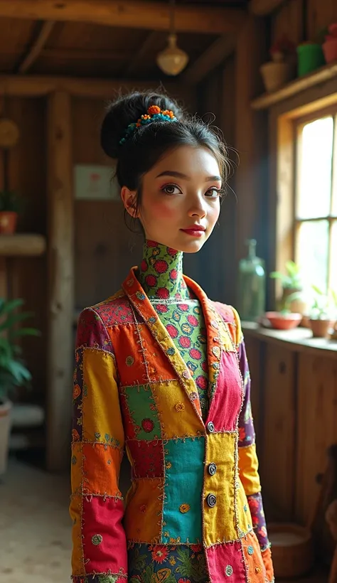 woman made of patchwork of colored cloth, full body image, image inside a hut with sunlight coming through the window, the woman made of patchwork of colored cloth