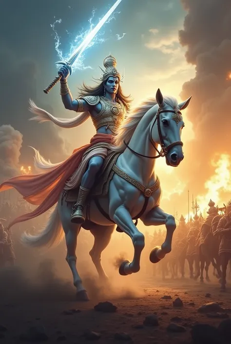 make kalki Avatar riding white horse with immense power in battlefield  of Kaliyug war with magical sword