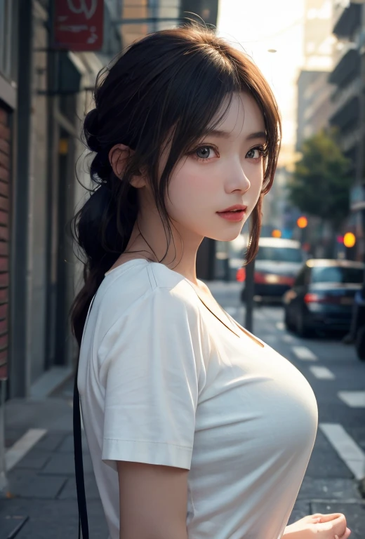 8k, Best quality, masterpiece:1.2), ( realistic ,  Photorealistic:1.37), Best quality, masterpiece,  beautiful young woman, A thoughtful look ,、 attractive、そして attractive表情,  Oversized Knit、Ill put my shirt on 、Big Breasts、 show off their breasts、 hair tie...