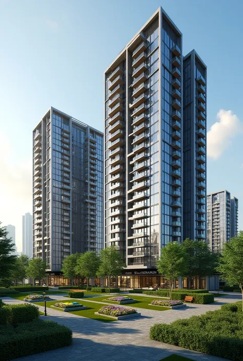 Create an image of 14 stories 5 apartment buildings block of residence,  green garden with sitting spaces. Modern residence condominium likely.  Can you give front view and side view in different two image 