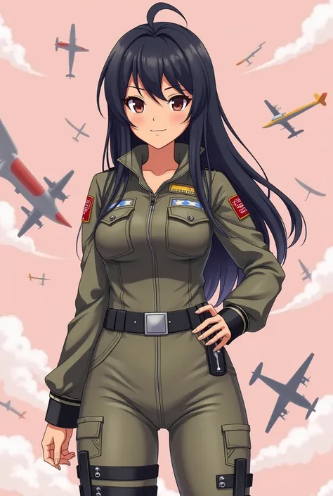 Create the image of an anime-style girl with light brown skin in a light tone with a tight aviator uniform and the hat on a very light pink background but with military aviation stuff where she has long black hair and slightly stiff dark brown eyes., Serio...