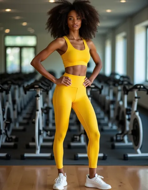 An 18-year-old Afro-descendant woman in a yellow sports bra and panty set, athletic shoes, power pose, full-body shot, cycling studio. The model stands proudly in front of stationary bikes in a cycling studio, with mirrors reflecting her energetic and conf...