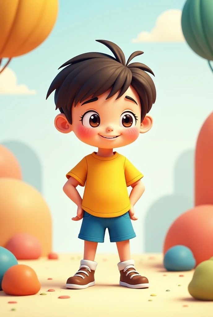 A 2D character inspired by the cartoon style of Bluey, but in a human form. The character is a young boy with fair skin and short, straight hair, resembling the  in the reference image. He has a mischievous and playful expression, reflecting his adventurou...