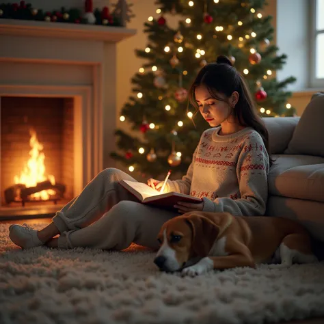 A beautiful girl wearing a Christmas jumper lying down on a carpet and reading a book by fire place and Christmas tree and lights ans a beagle lying by her side.