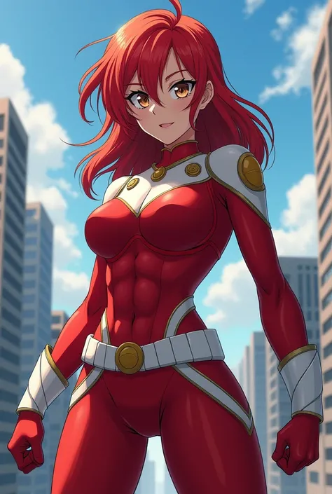  My Hero Academia Style ,   anime girl , woman, young woman ,  full body shot ,( Fighting Stance :1.3),Long Hair, Red Hair,   Brown Eyes , hero suit, Full Body Suit,  red suit with white details, perfect anatomy,  enhanced abs , super detailed,(building:1....