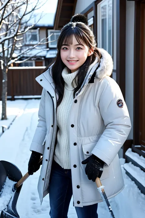 (masterpiece, best quality:1.4), (RAW Photo, 8k, photo realistic:1.3), ultra-detailed, portrait, anatomically correct, detailed skin, detailed face, detailed eyes, winter, snow scene, in the residential area, BREAK beautiful Japanese girl, 18 yo, black eye...