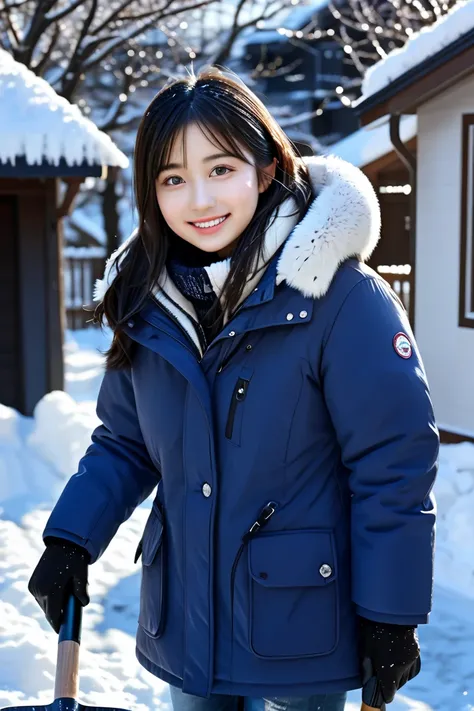 (masterpiece, best quality:1.4), (RAW Photo, 8k, photo realistic:1.3), ultra-detailed, portrait, anatomically correct, detailed skin, detailed face, detailed eyes, winter, snow scene, in the residential area, BREAK beautiful Japanese girl, 18 yo, black eye...