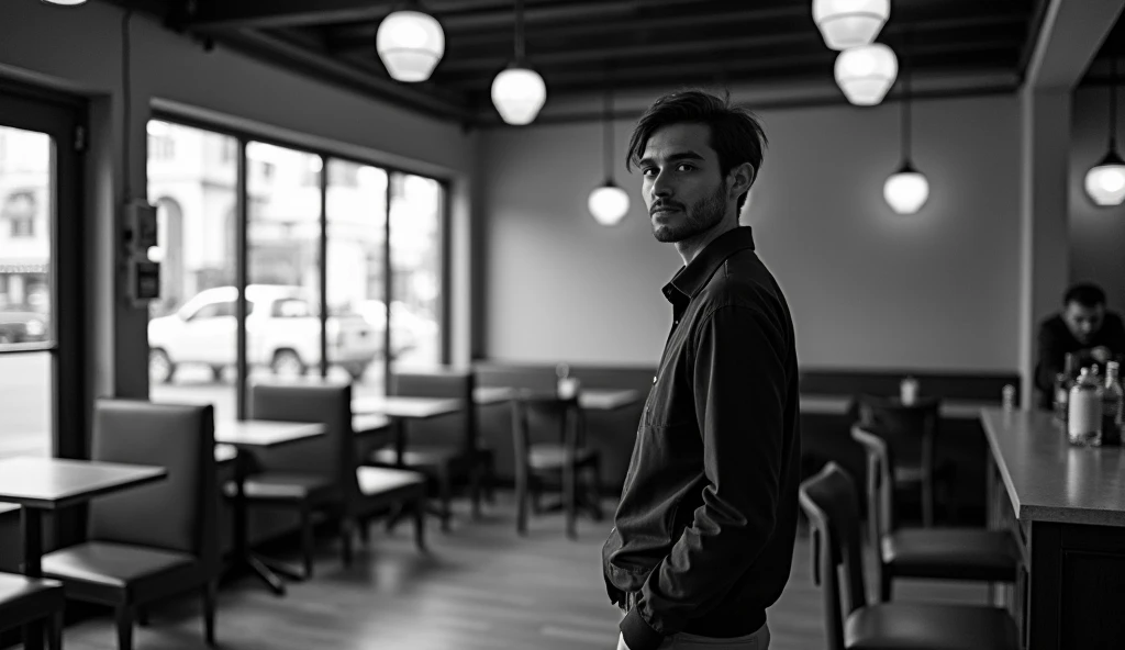 A young man standing alone in a corner of an empty cafe. Black and white photo.