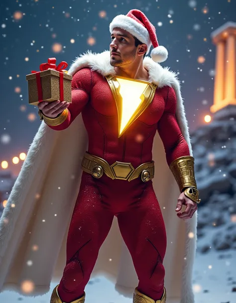 Create an image of Shazam in his classic red suit with gold accents, but with a festive twist, featuring a Christmas-themed design. Shazam’s suit retains its iconic look, with a red fabric that has a subtle glimmer of snowflakes. He wears a white fur-lined...