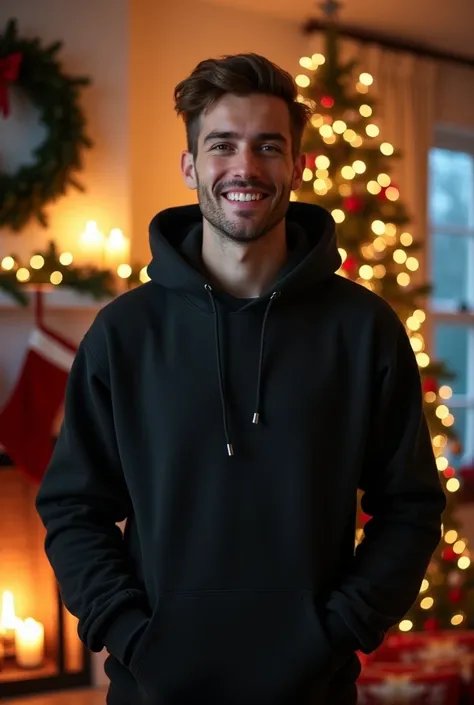 A close-up photorealistic portrait of a man in his late twenties wearing classic black Hoodies, standing in a cozy living room decorated with Christmas lights and a fully decorated Christmas tree in the background. He is facing the camera with his whole bo...