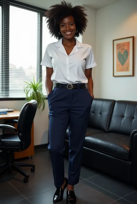 CURVY BODY: white uniform shirt: shirt neatly tucked in pants dark blue pants black belt black uniform shoes ABSOLUTELY Beautiful sexy black woman short afro hair good quality, master-level top ultra-realistic shooting techniques: good anatomy:  thicc-beef...