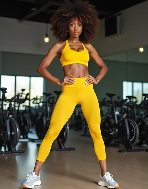 An 18-year-old Afro-descendant woman in a yellow sports bra and panty LINGERIE set, athletic shoes, power pose, full-body shot, cycling studio. The model stands proudly in front of stationary bikes in a cycling studio, with mirrors reflecting her energetic...