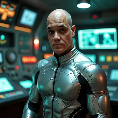 cinematic photography of bald man, slim toned body, dark eyes, wearing futuristic retro silver spandex jumpsuit, in retro space station command room